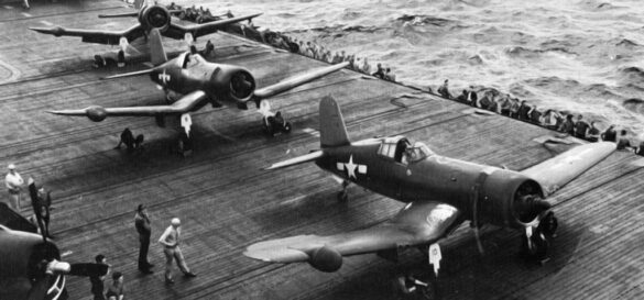 "F4U-2(N) Corsair night fighter with radar dome on right wingtip – VF(N)-101, USS Enterprise, 1944" "Modified F4U-1A Corsair converted to night fighter configuration – VMF(N)-532, Roi Island base, 1944" "US Navy F4U-2 Corsair with flame arrestors and black-over-blue night camouflage" "Close-up of AIA radar dome installed on F4U-2 wing – early WWII night fighter technology" "Cockpit interior of F4U-2(N) with Sperry autopilot and radar display"