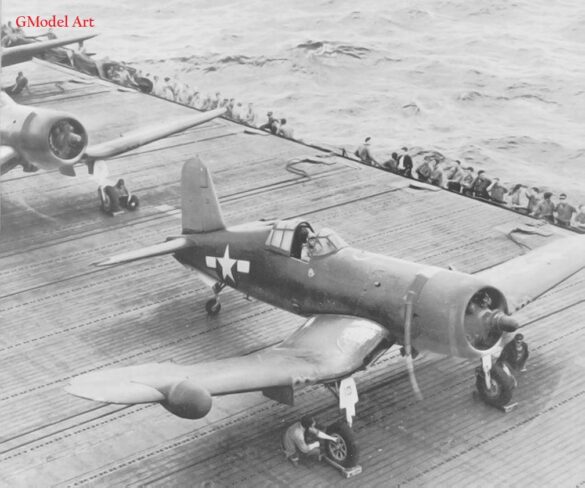 "F4U-2(N) Corsair night fighter with radar dome on right wingtip – VF(N)-101, USS Enterprise, 1944" "Modified F4U-1A Corsair converted to night fighter configuration – VMF(N)-532, Roi Island base, 1944" "US Navy F4U-2 Corsair with flame arrestors and black-over-blue night camouflage" "Close-up of AIA radar dome installed on F4U-2 wing – early WWII night fighter technology" "Cockpit interior of F4U-2(N) with Sperry autopilot and radar display"