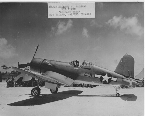 "F4U-2(N) Corsair night fighter with radar dome on right wingtip – VF(N)-101, USS Enterprise, 1944" "Modified F4U-1A Corsair converted to night fighter configuration – VMF(N)-532, Roi Island base, 1944" "US Navy F4U-2 Corsair with flame arrestors and black-over-blue night camouflage" "Close-up of AIA radar dome installed on F4U-2 wing – early WWII night fighter technology" "Cockpit interior of F4U-2(N) with Sperry autopilot and radar display"