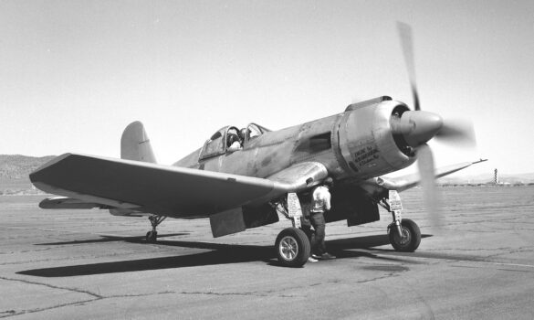 FG-1D Corsair Race 94 during takeoff at Reno Air Races 1970, with shortened wings and Skyraider propeller”