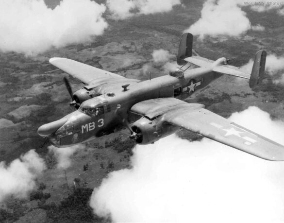 "USMC PBJ-1H Mitchell with radar pod and rocket launchers on a Pacific island, 1945"