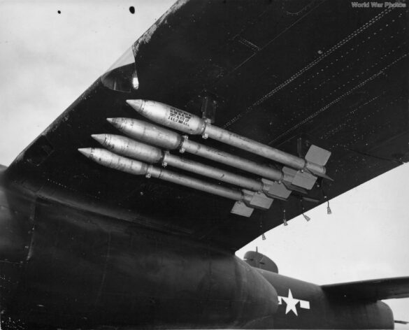 "USMC PBJ-1H Mitchell with radar pod and rocket launchers on a Pacific island, 1945"