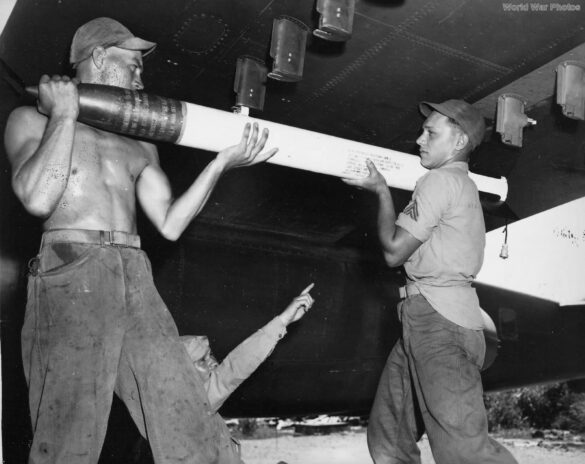 "USMC PBJ-1H Mitchell with radar pod and rocket launchers on a Pacific island, 1945"