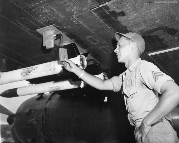 "USMC PBJ-1H Mitchell with radar pod and rocket launchers on a Pacific island, 1945"