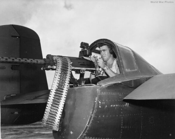 "USMC PBJ-1H Mitchell with radar pod and rocket launchers on a Pacific island, 1945"