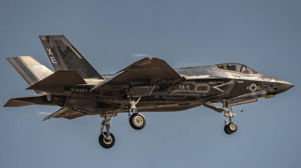 F-35C VX-9 Vampires with reflective mirror stealth coating and visible tail insignia