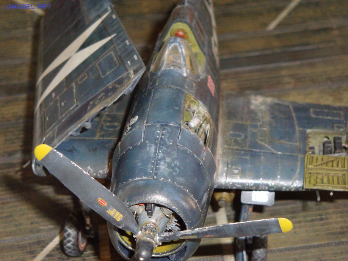 Eduard 1/48 F6F-5 Hellcat “White 115” parked on US Navy carrier deck diorama – folded wings and weathered WWII carrier fighter scene