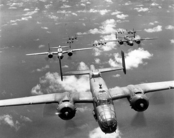"USMC PBJ-1H Mitchell with radar pod and rocket launchers on a Pacific island, 1945"
