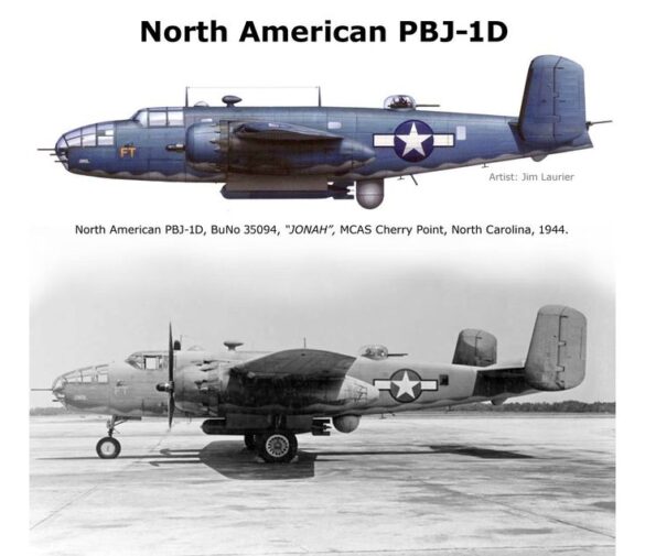 Diagram of PBJ-1H Mitchell with radar, nose guns and rocket pylons installed"