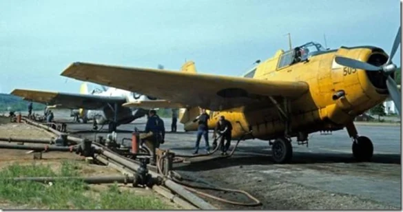 TBM Avenger Spray Plane – WWII Bomber Converted for Farming and Firefighting TBM Avenger firebomber in flight over forest fire zone – Canada, 1970s Converted TBM Avenger crop duster with yellow-red livery parked at rural airstrip Underside view of TBM with spray booms installed under wings Scale model of TBM Avenger spray plane with belly tank and weathered finish