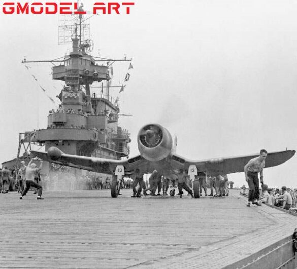 "F4U-2(N) Corsair night fighter with radar dome on right wingtip – VF(N)-101, USS Enterprise, 1944" "Modified F4U-1A Corsair converted to night fighter configuration – VMF(N)-532, Roi Island base, 1944" "US Navy F4U-2 Corsair with flame arrestors and black-over-blue night camouflage" "Close-up of AIA radar dome installed on F4U-2 wing – early WWII night fighter technology" "Cockpit interior of F4U-2(N) with Sperry autopilot and radar display"