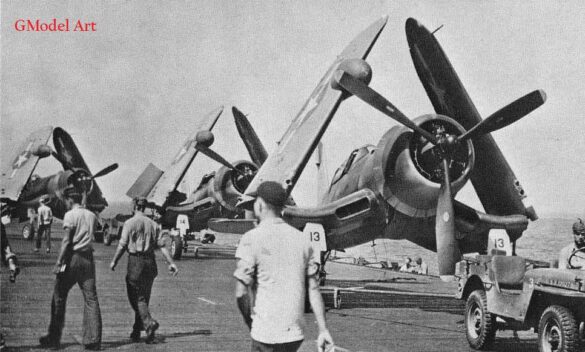 "F4U-2(N) Corsair night fighter with radar dome on right wingtip – VF(N)-101, USS Enterprise, 1944" "Modified F4U-1A Corsair converted to night fighter configuration – VMF(N)-532, Roi Island base, 1944" "US Navy F4U-2 Corsair with flame arrestors and black-over-blue night camouflage" "Close-up of AIA radar dome installed on F4U-2 wing – early WWII night fighter technology" "Cockpit interior of F4U-2(N) with Sperry autopilot and radar display"