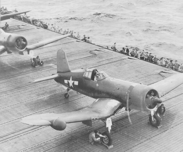 "F4U-2(N) Corsair night fighter with radar dome on right wingtip – VF(N)-101, USS Enterprise, 1944" "Modified F4U-1A Corsair converted to night fighter configuration – VMF(N)-532, Roi Island base, 1944" "US Navy F4U-2 Corsair with flame arrestors and black-over-blue night camouflage" "Close-up of AIA radar dome installed on F4U-2 wing – early WWII night fighter technology" "Cockpit interior of F4U-2(N) with Sperry autopilot and radar display"