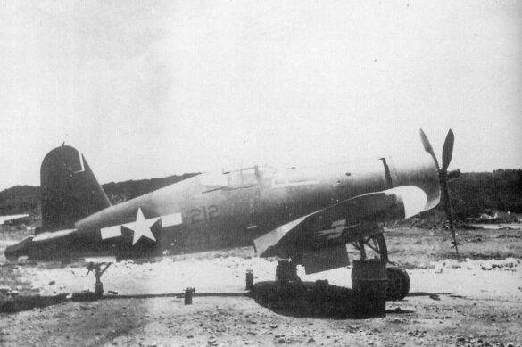 "F4U-2(N) Corsair night fighter with radar dome on right wingtip – VF(N)-101, USS Enterprise, 1944" "Modified F4U-1A Corsair converted to night fighter configuration – VMF(N)-532, Roi Island base, 1944" "US Navy F4U-2 Corsair with flame arrestors and black-over-blue night camouflage" "Close-up of AIA radar dome installed on F4U-2 wing – early WWII night fighter technology" "Cockpit interior of F4U-2(N) with Sperry autopilot and radar display"