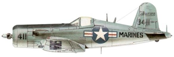 “Vought AU-1 Corsair in Light Gull Gray over Insignia White parked at NAS North Island, January 1956 – side profile with underwing pylons visible.”