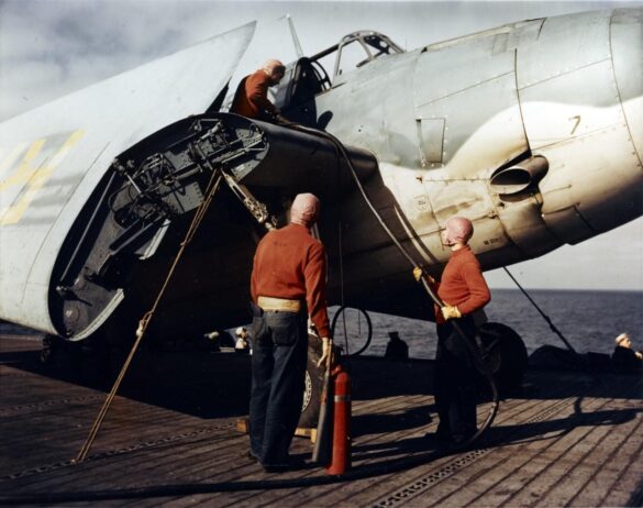 WWII U.S. Aircraft Carrier Deck – Crew Colors, FS Codes & Diorama Guide Infographic of WWII U.S. Navy Aircraft Carrier Deck Support Equipment, Tractors, Fuel & Ammo Carts, and Deck Crew with FS Color Codes for Scale Modeling Dioramas
