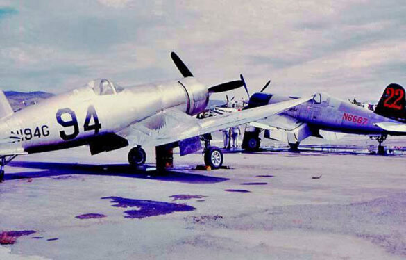 FG-1D Corsair Race 94 during takeoff at Reno Air Races 1970, with shortened wings and Skyraider propeller”