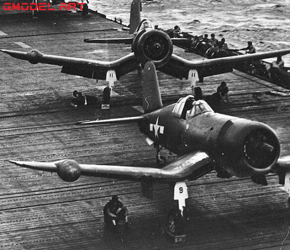"F4U-2(N) Corsair night fighter with radar dome on right wingtip – VF(N)-101, USS Enterprise, 1944" "Modified F4U-1A Corsair converted to night fighter configuration – VMF(N)-532, Roi Island base, 1944" "US Navy F4U-2 Corsair with flame arrestors and black-over-blue night camouflage" "Close-up of AIA radar dome installed on F4U-2 wing – early WWII night fighter technology" "Cockpit interior of F4U-2(N) with Sperry autopilot and radar display"