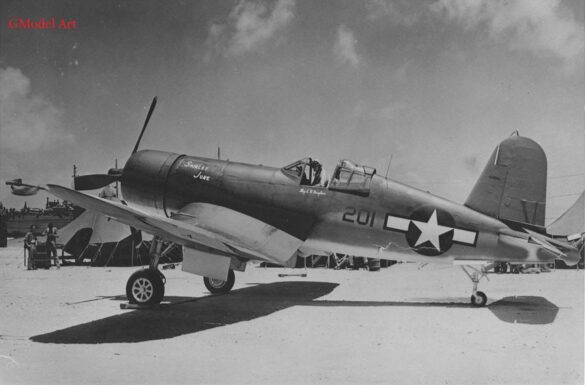 "F4U-2(N) Corsair night fighter with radar dome on right wingtip – VF(N)-101, USS Enterprise, 1944" "Modified F4U-1A Corsair converted to night fighter configuration – VMF(N)-532, Roi Island base, 1944" "US Navy F4U-2 Corsair with flame arrestors and black-over-blue night camouflage" "Close-up of AIA radar dome installed on F4U-2 wing – early WWII night fighter technology" "Cockpit interior of F4U-2(N) with Sperry autopilot and radar display"