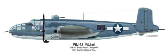 Diagram of PBJ-1H Mitchell with radar, nose guns and rocket pylons installed"