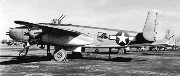 "USMC PBJ-1H Mitchell with radar pod and rocket launchers on a Pacific island, 1945"