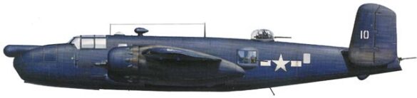 Diagram of PBJ-1H Mitchell with radar, nose guns and rocket pylons installed"