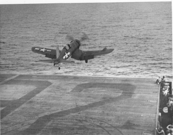 "F4U-2(N) Corsair night fighter with radar dome on right wingtip – VF(N)-101, USS Enterprise, 1944" "Modified F4U-1A Corsair converted to night fighter configuration – VMF(N)-532, Roi Island base, 1944" "US Navy F4U-2 Corsair with flame arrestors and black-over-blue night camouflage" "Close-up of AIA radar dome installed on F4U-2 wing – early WWII night fighter technology" "Cockpit interior of F4U-2(N) with Sperry autopilot and radar display"