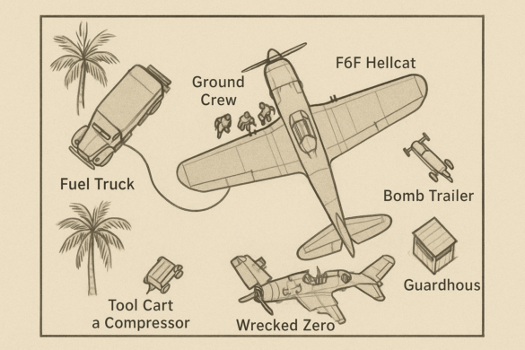 "1/48 scale Pacific airfield diorama with PSP and fuel truck" alt="US WW2 bomb cart and drums beside F4U Corsair" alt="Ground crew and maintenance scene on jungle runway" alt="Diorama showing GMC fuel bowser and PSP strip" alt="Scale model US bomb hoist in tropical airfield setting"