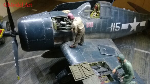 Eduard 1/48 F6F-5 Hellcat “White 115” parked on US Navy carrier deck diorama – folded wings and weathered WWII carrier fighter scene