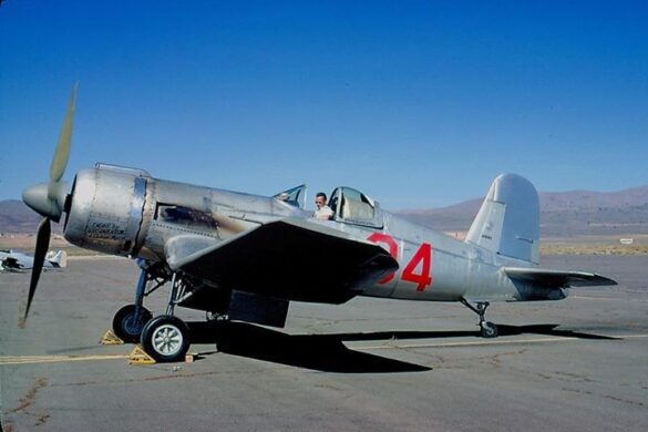 FG-1D Corsair Race 94 during takeoff at Reno Air Races 1970, with shortened wings and Skyraider propeller”