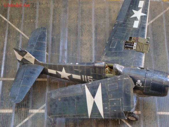 Eduard 1/48 F6F-5 Hellcat “White 115” parked on US Navy carrier deck diorama – folded wings and weathered WWII carrier fighter scene