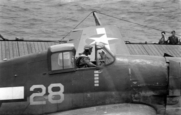 F6F Hellcat – Air Group 16 USS Lexington (CV-16) F6F-3 Hellcat Air Group 16 in tricolor variant aboard USS Lexington CV-16 with pilots before the mission