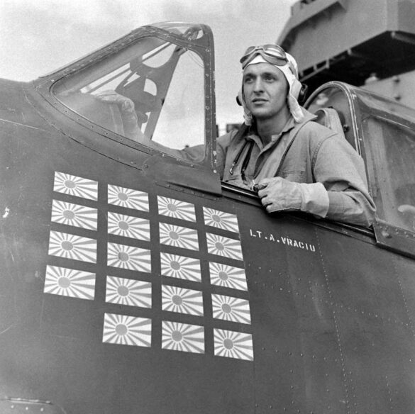 F6F Hellcat – Air Group 16 USS Lexington (CV-16) F6F-3 Hellcat Air Group 16 in tricolor variant aboard USS Lexington CV-16 with pilots before the mission