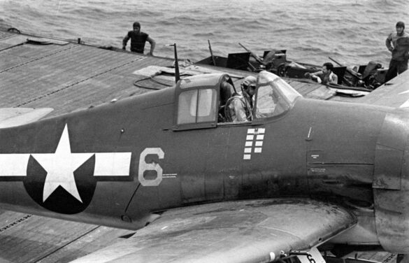 F6F Hellcat – Air Group 16 USS Lexington (CV-16) F6F-3 Hellcat Air Group 16 in tricolor variant aboard USS Lexington CV-16 with pilots before the mission