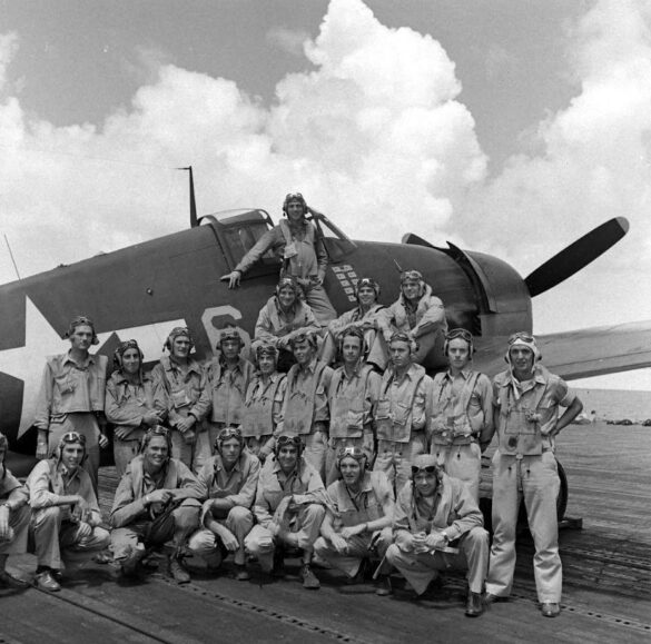 F6F Hellcat – Air Group 16 USS Lexington (CV-16) F6F-3 Hellcat Air Group 16 in tricolor variant aboard USS Lexington CV-16 with pilots before the mission
