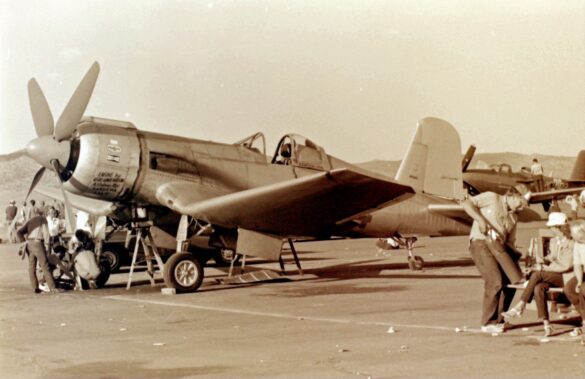 FG-1D Corsair Race 94 during takeoff at Reno Air Races 1970, with shortened wings and Skyraider propeller”