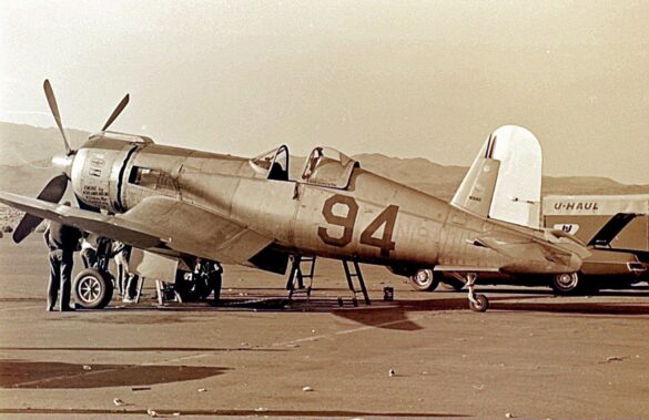 FG-1D Corsair Race 94 during takeoff at Reno Air Races 1970, with shortened wings and Skyraider propeller”
