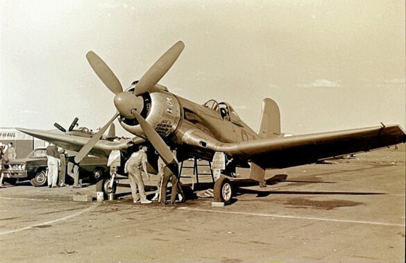 FG-1D Corsair Race 94 during takeoff at Reno Air Races 1970, with shortened wings and Skyraider propeller”