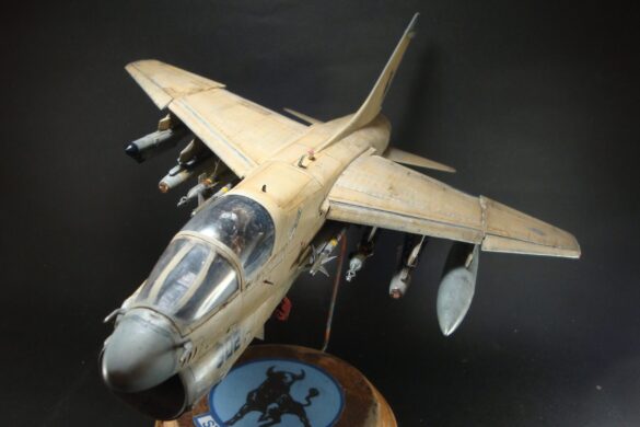 Scale model of Vought A-7E Corsair II VA-37 in rare desert camouflage during Gulf War transition, 1989-1990