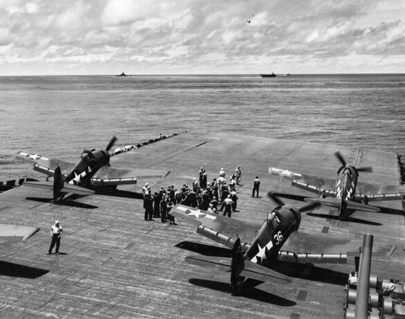 Grumman-F6F-3-Hellcat-VF-16-White-4-and-18-ready-for-launch-CV-16-USS-Lexington-16th-Apr-1944-01 F6F-3 Hellcat Air Group 16 in tricolor variant aboard USS Lexington CV-16 with pilots before the mission