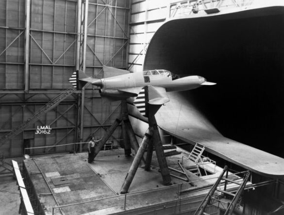 curtiss xp 55 model in wind tunnel