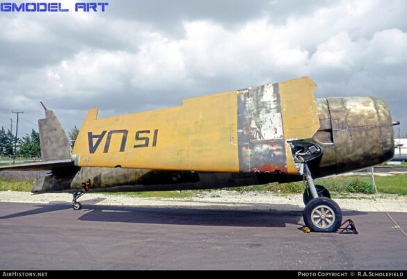 F6F-5K Hellcat drone painted in bright red high visibility scheme used as target aircraft by the US Navy