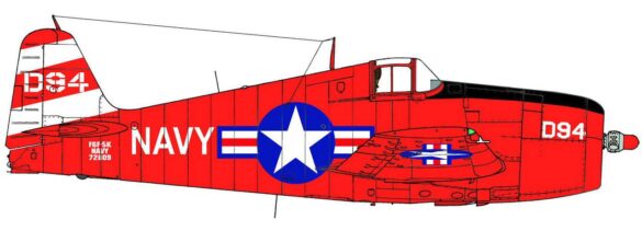 F6F-5K Hellcat drone painted in bright red high visibility scheme used as target aircraft by the US Navy