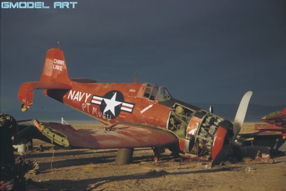 F6F-5K Hellcat drone painted in bright red high visibility scheme used as target aircraft by the US Navy