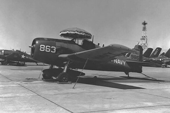 F6F-5K Hellcat drone painted in bright red high visibility scheme used as target aircraft by the US Navy