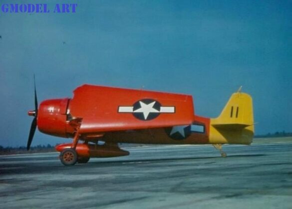 F6F-5K Hellcat drone painted in yellow orange high visibility colors during early testing phase