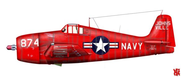 F6F-5K Hellcat drone painted in bright red high visibility scheme used as target aircraft by the US Navy