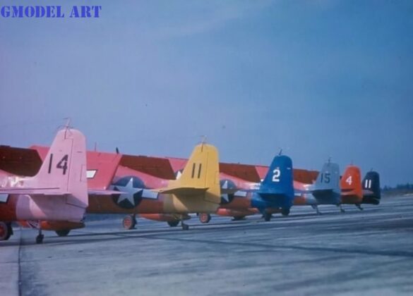 F6F-5K Hellcat drone painted in yellow orange high visibility colors during early testing phase
