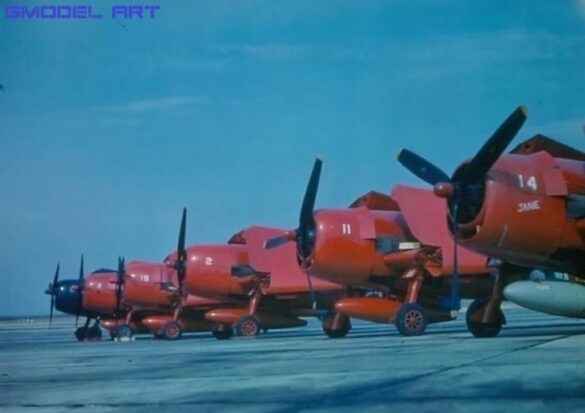 F6F-5K Hellcat drone painted in yellow orange high visibility colors during early testing phase