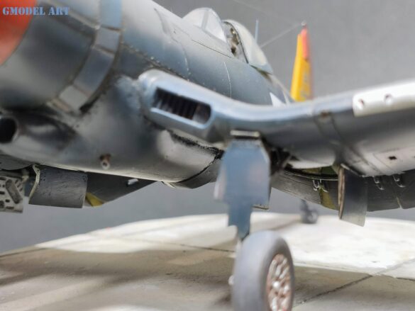 XF4U-3B Corsair turbocharger installation scratch built on Tamiya 1/48 Corsair model showing exhaust ducting and turbo housing